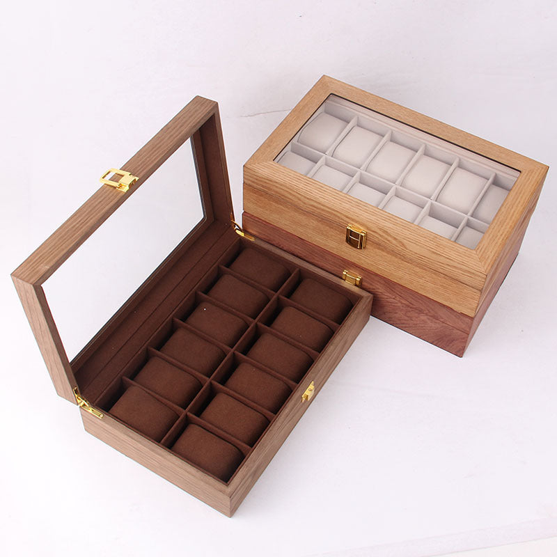 High-end clamshell wooden watch box 12-digit European retro solid wood watch box Rectangular watch storage box