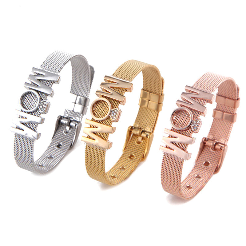 Stainless Steel Watch Chain Bracelet Mothers Day Diamond Crown Letter Bracelet