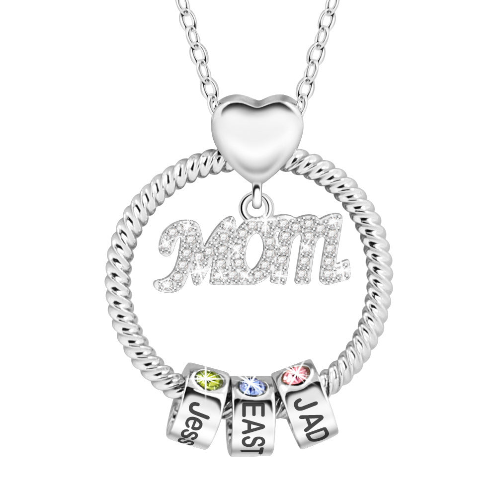 Mothers Day Gift , Custom 12 Color Birthday Stone with Diamond and Carved Name Mom Bead Necklace