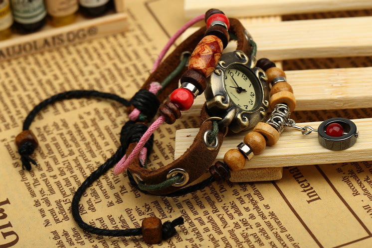 Alloy Pendant Beaded Leather Bracelet Watch