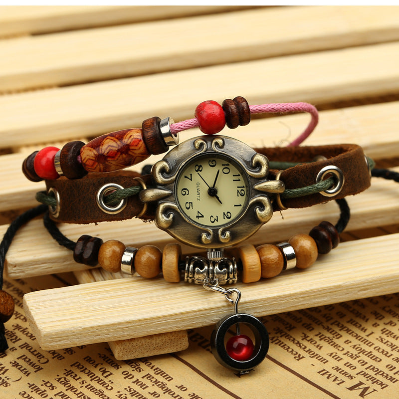 Alloy Pendant Beaded Leather Bracelet Watch