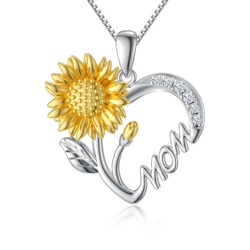 Sterling Silver Sunflower Heart, I Love You Mother Pendant