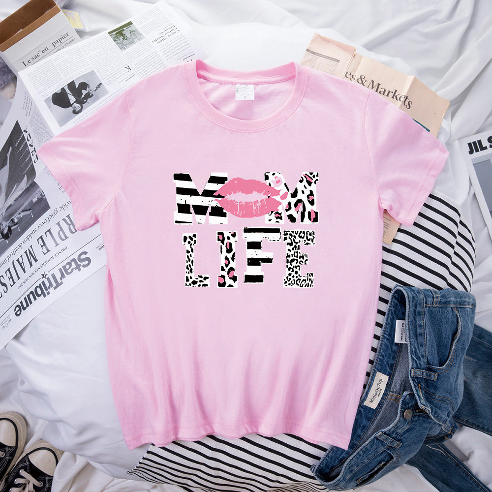 MOM LIFE Leopard Print Lip Printings Round Neck Short Sleeve T-shirt