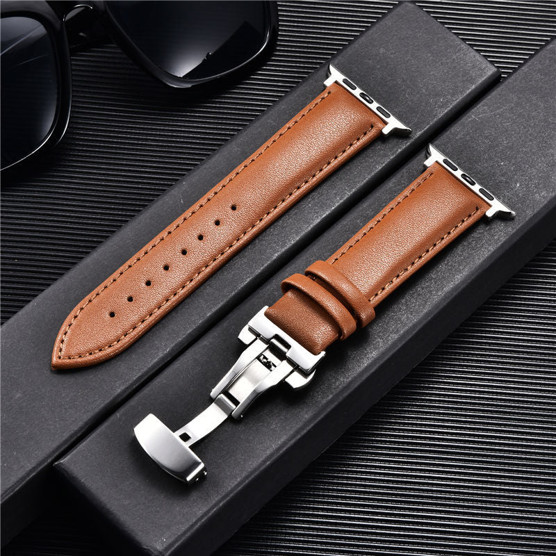 Compatible with Apple, Strap Watch First Layer Leather Butterfly Buckle Strap Iwatch6se