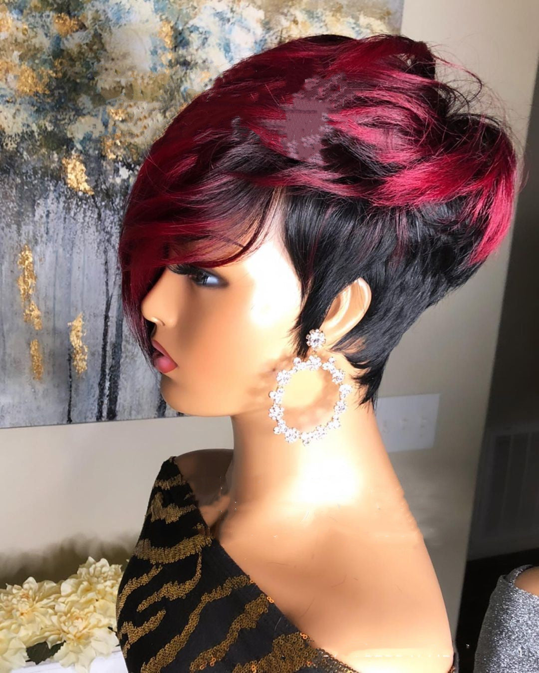 Dark Red Pixie Cut Human Hair Short Bob Wig