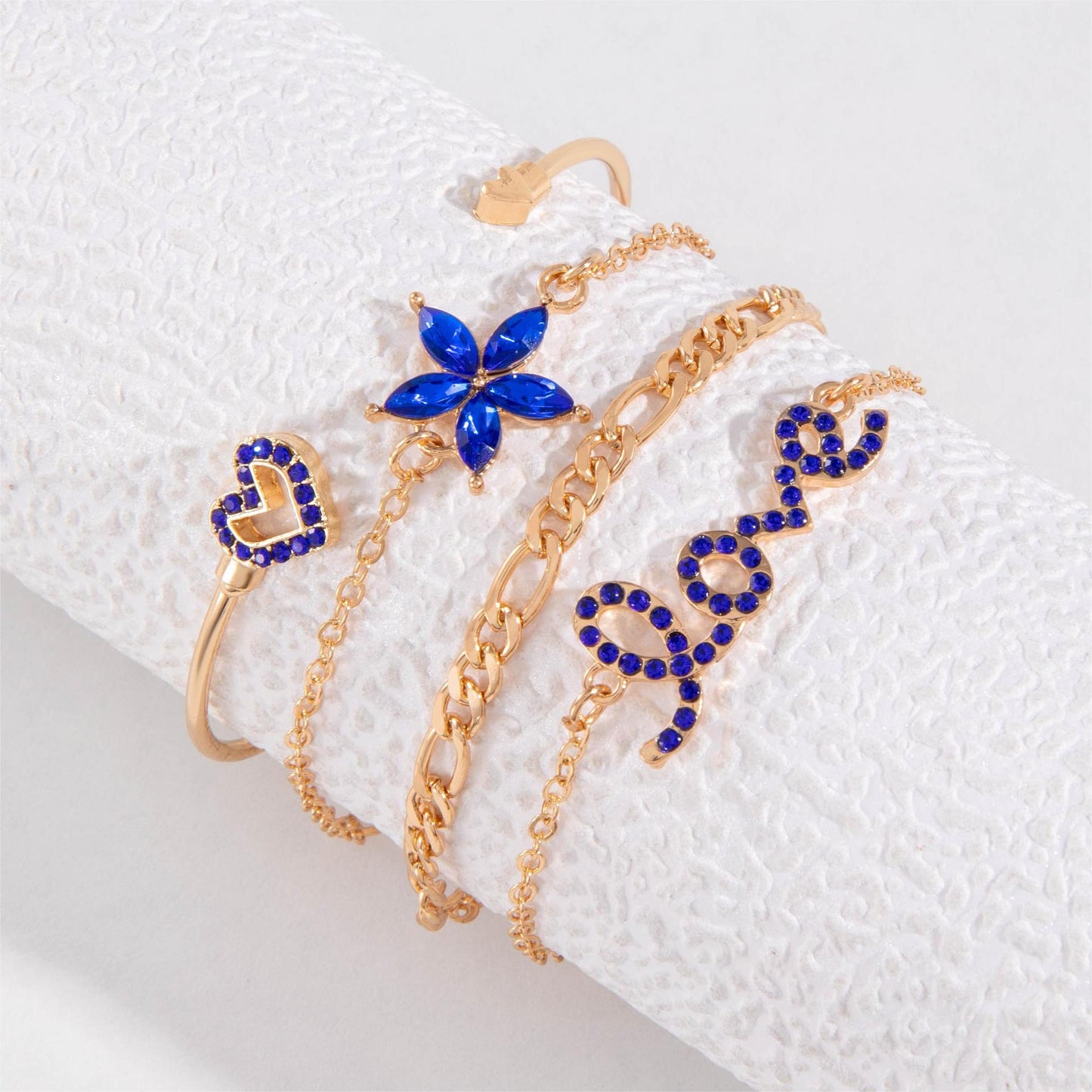 4pcs Blue Flower Love Butterfly Bracelet Set with Rhinestones Design