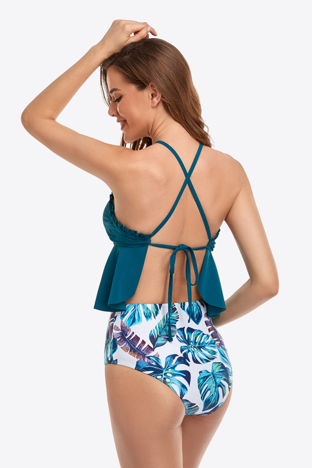 Botanical Print Ruffled Halter Neck Two-Piece Swimsuit