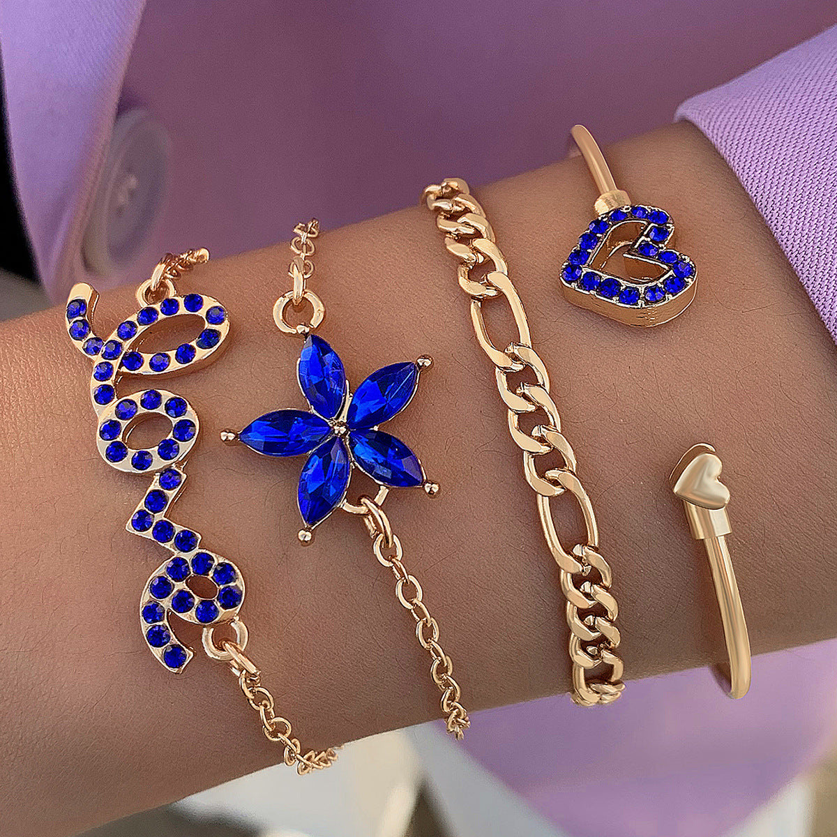 4pcs Blue Flower Love Butterfly Bracelet Set with Rhinestones Design