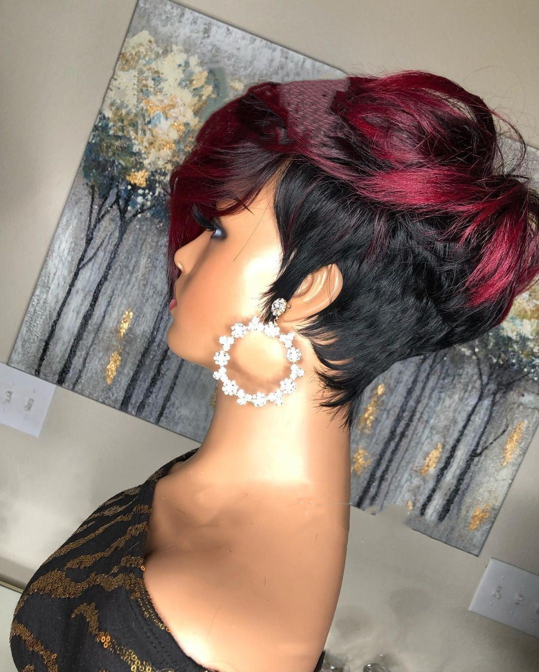 Dark Red Pixie Cut Human Hair Short Bob Wig