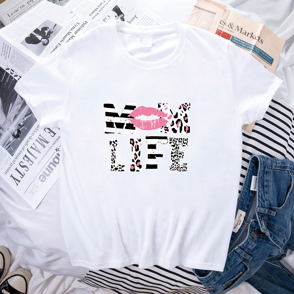 MOM LIFE Leopard Print Lip Printings Round Neck Short Sleeve T-shirt