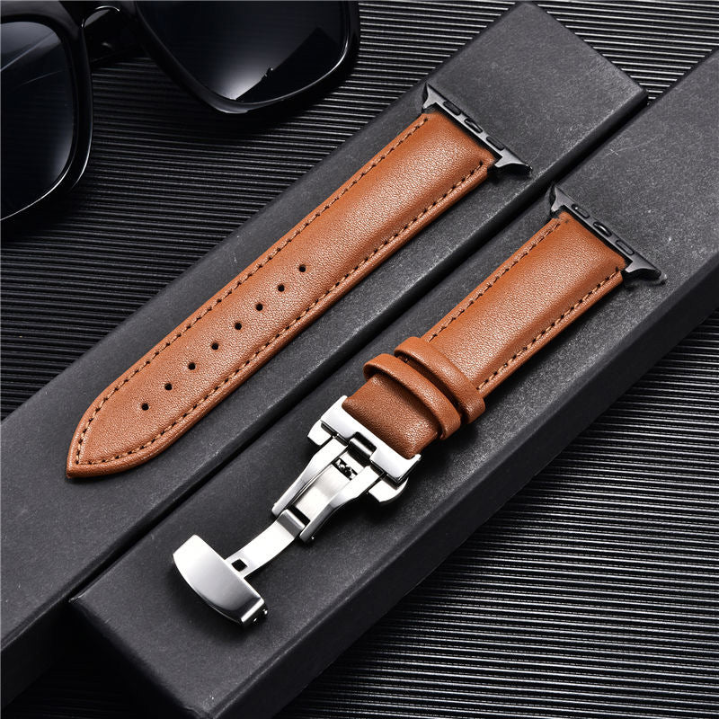 Compatible with Apple, Strap Watch First Layer Leather Butterfly Buckle Strap Iwatch6se