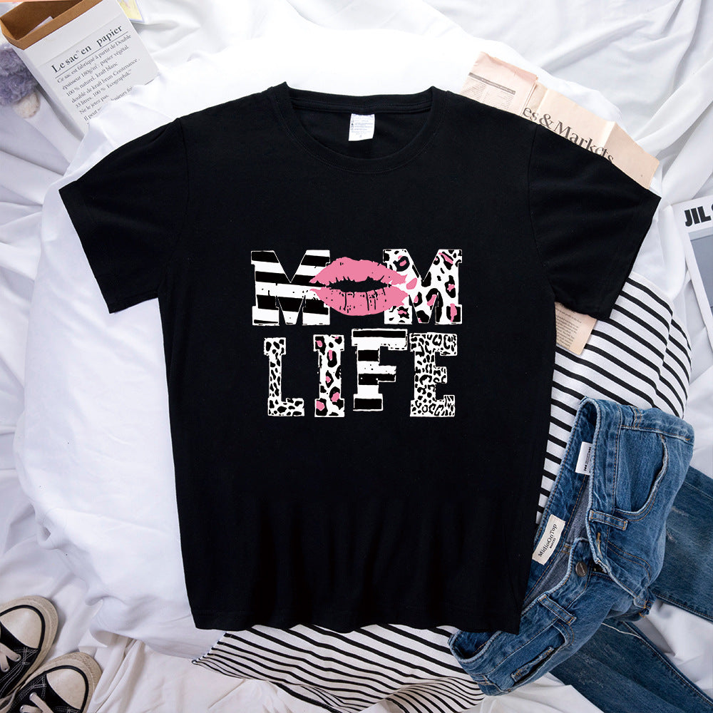 MOM LIFE Leopard Print Lip Printings Round Neck Short Sleeve T-shirt