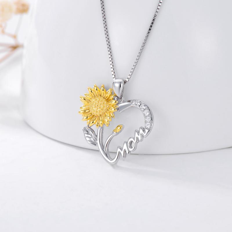 Sterling Silver Sunflower Heart, I Love You Mother Pendant