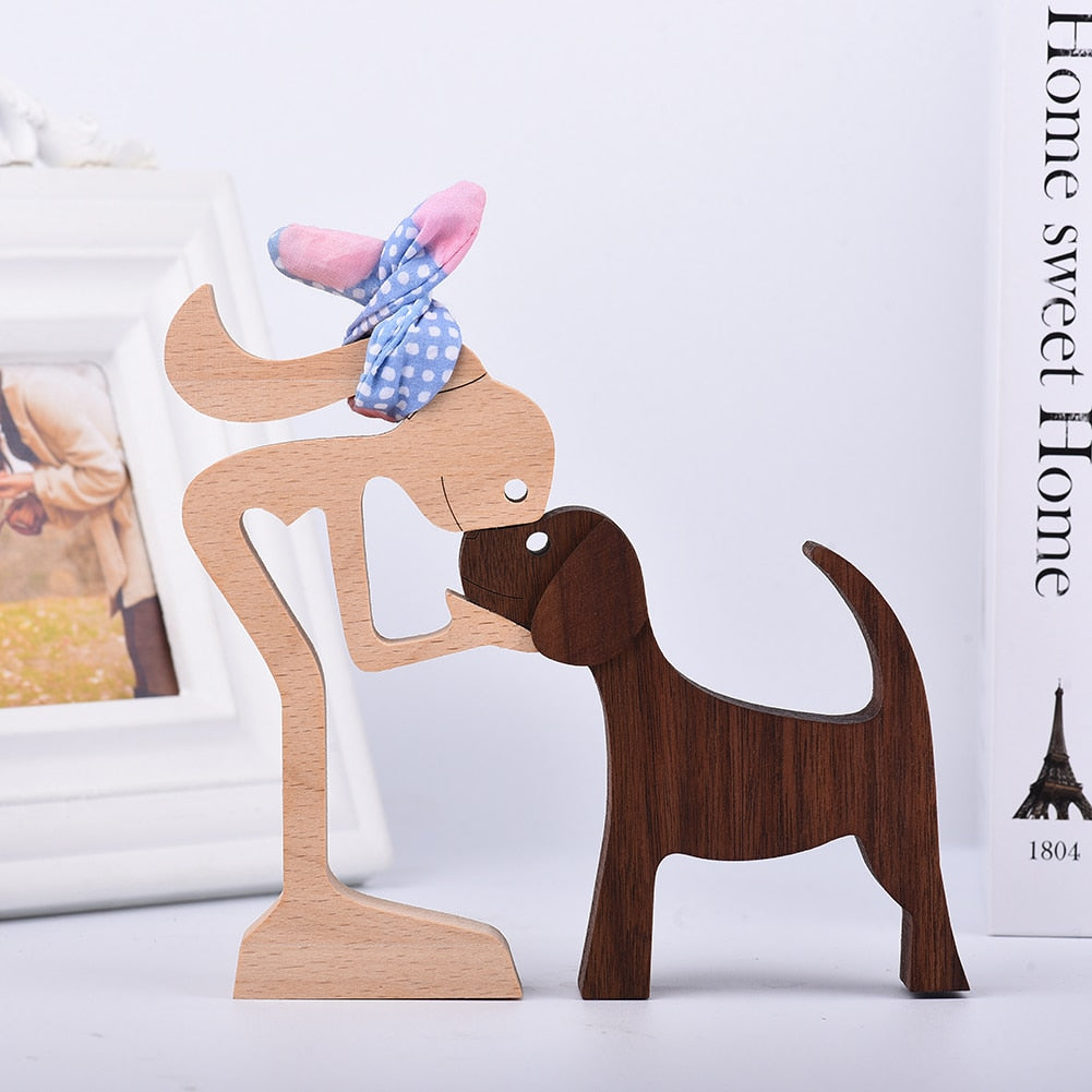 Family Puppy Wood Dog Craft Figurine Desktop Table Ornament Carving Model Home Office Decoration Pet Sculpture Christmas Gift