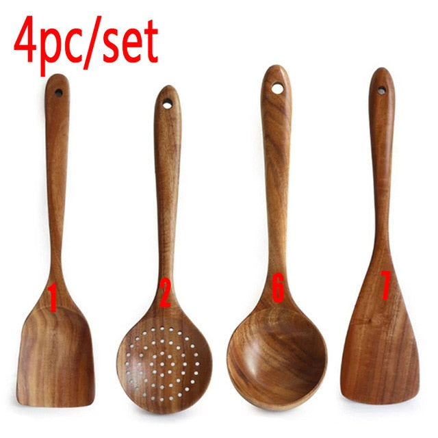 1-7pcs/set  Teak natural wood tableware spoon colander spoon special nano soup skimmer cooking spoon wooden kitchen tool kit