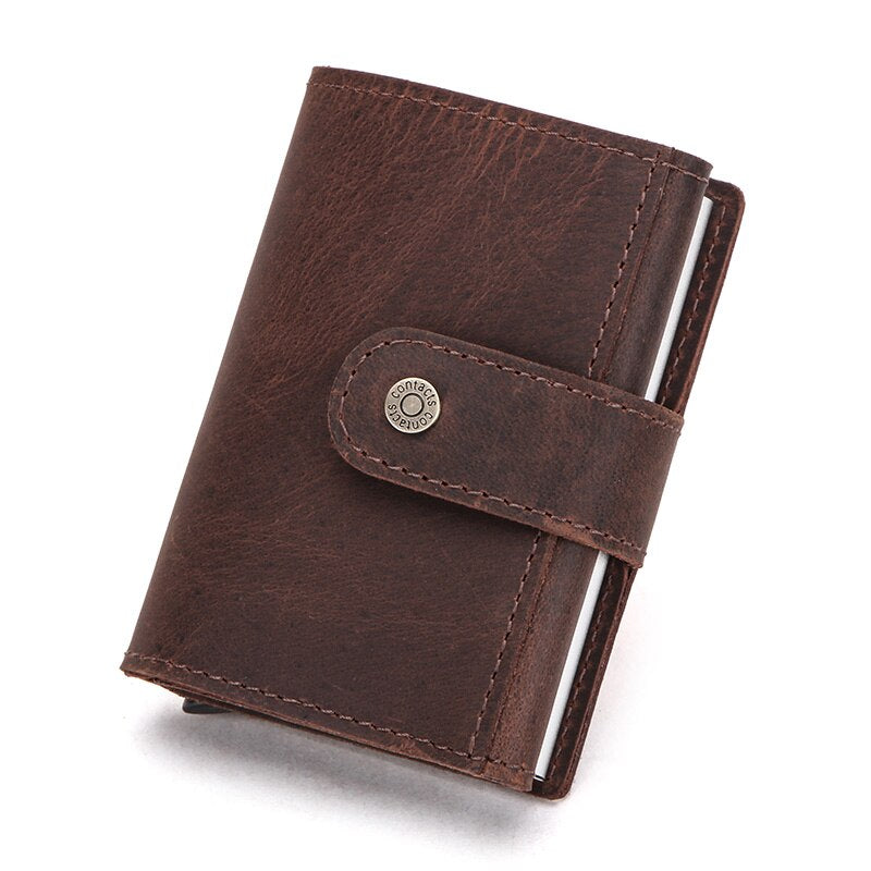 CONTACT&#39;S Crazy Horse Leather Card Holder Wallet Men Automatic Pop Up ID Card Case Male Coin Purse Aluminium Box RFID Blocking