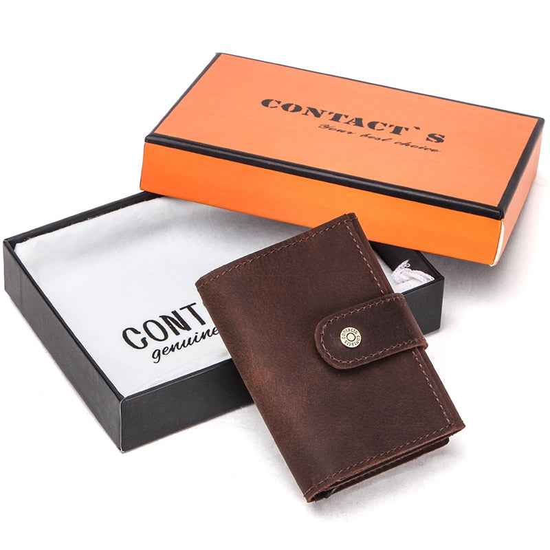 CONTACT&#39;S Crazy Horse Leather Card Holder Wallet Men Automatic Pop Up ID Card Case Male Coin Purse Aluminium Box RFID Blocking