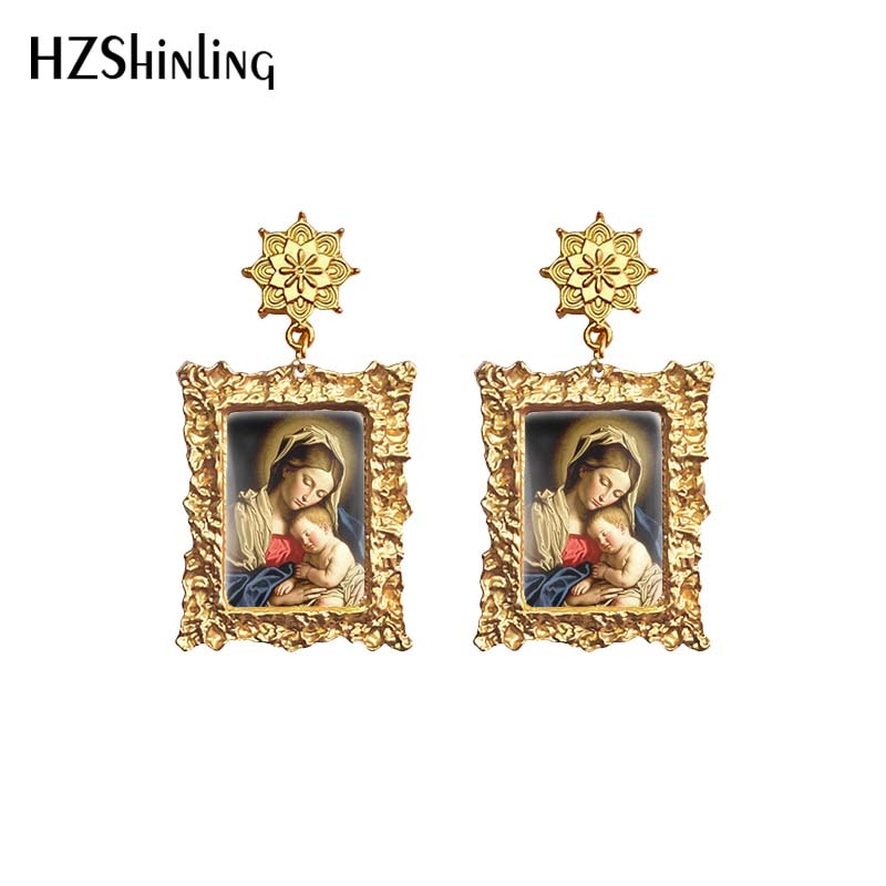 Antique Dangle Earrings Mother of God Virgin Mary Retro Paintings Glass Cabochon Mandala Pendants Jewelry for Women