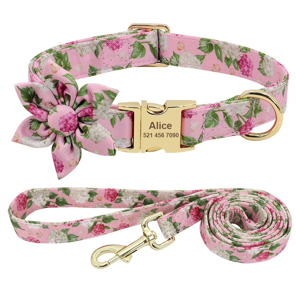 Custom Engraved Dog Collar With Leash Nylon Printed Dog ID Collars Pet Walking Belt For Small Medium Large Dogs Flower Accessory