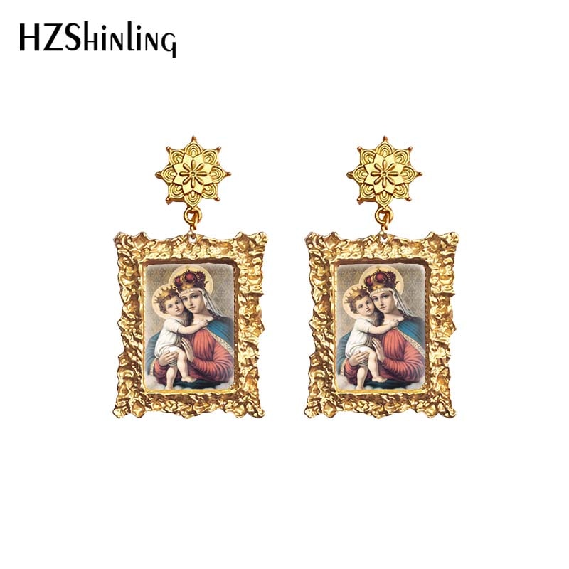 Antique Dangle Earrings Mother of God Virgin Mary Retro Paintings Glass Cabochon Mandala Pendants Jewelry for Women