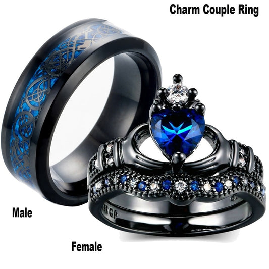 Carofeez Charm Couple Ring Stainless Steel Black Men&#39;s Ring Blue Zircon Women&#39;s Ring Sets Valentine&#39;s Day Wedding Bands