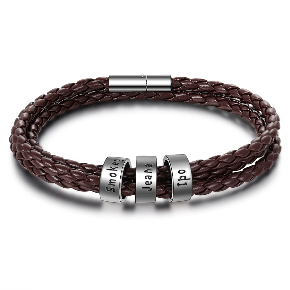 Customized 2-5 Names Beads Bracelets for Men Personalized Brown Braided Rope Leather Bracelet Male Jewelry Gift for Grandfather