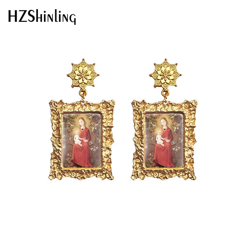 Antique Dangle Earrings Mother of God Virgin Mary Retro Paintings Glass Cabochon Mandala Pendants Jewelry for Women