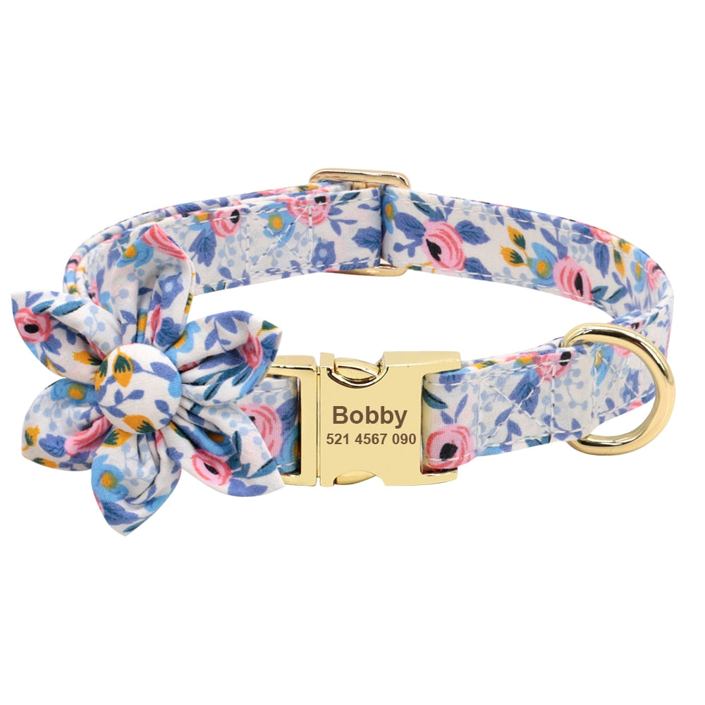 Custom Engraved Dog Collar With Leash Nylon Printed Dog ID Collars Pet Walking Belt For Small Medium Large Dogs Flower Accessory