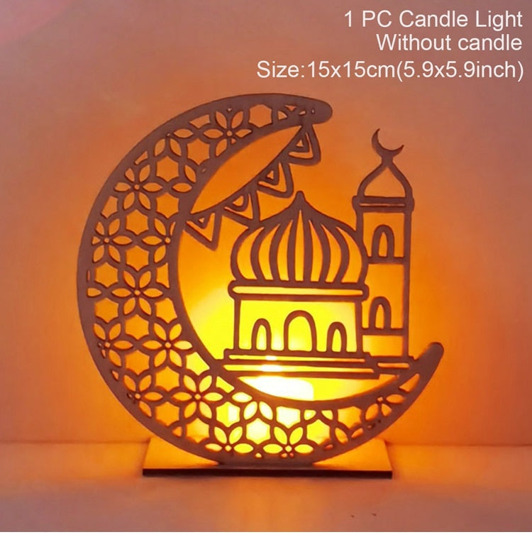 HUIRAN EID Wooden Candle Holder Eid Mubarak Ramadan Decoration For Home Ramadan Kareem Muslim Islamic Festival Party DIY Decor