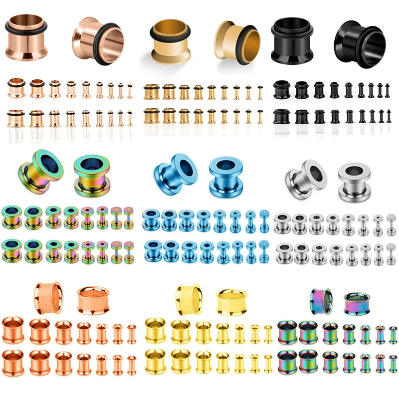 16/18PCS Stainless Steel Ear Stretching Kit Tunnel Screw Fit Gauge 14G-00G Ear Stretching Set Starter Gauge Plug Ear Tunnel Set