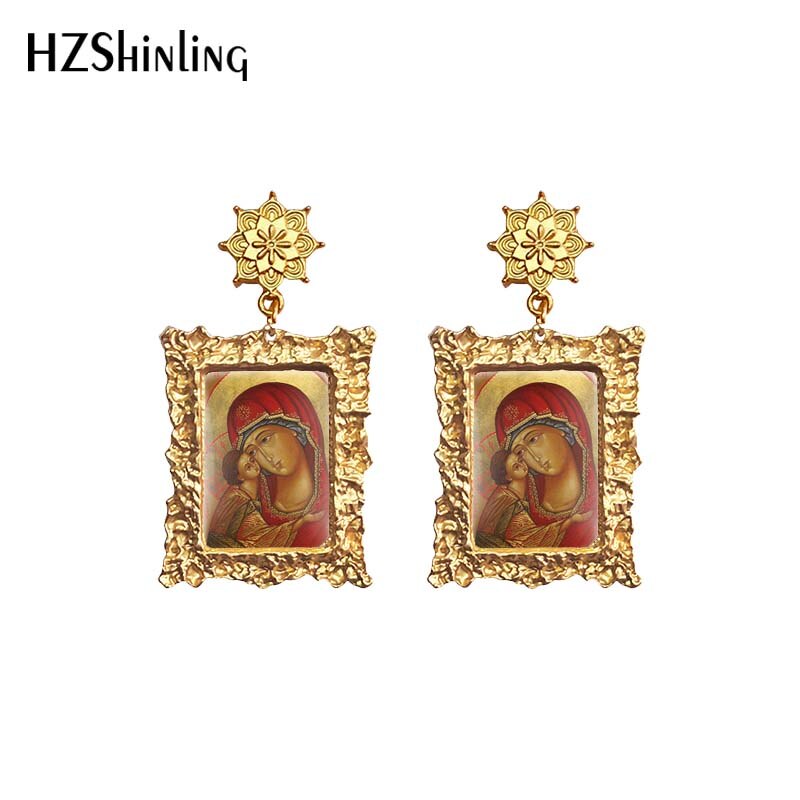 Antique Dangle Earrings Mother of God Virgin Mary Retro Paintings Glass Cabochon Mandala Pendants Jewelry for Women