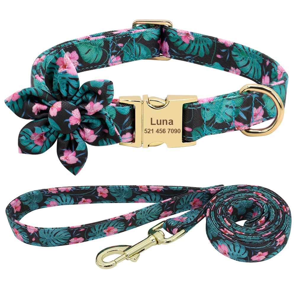 Custom Engraved Dog Collar With Leash Nylon Printed Dog ID Collars Pet Walking Belt For Small Medium Large Dogs Flower Accessory