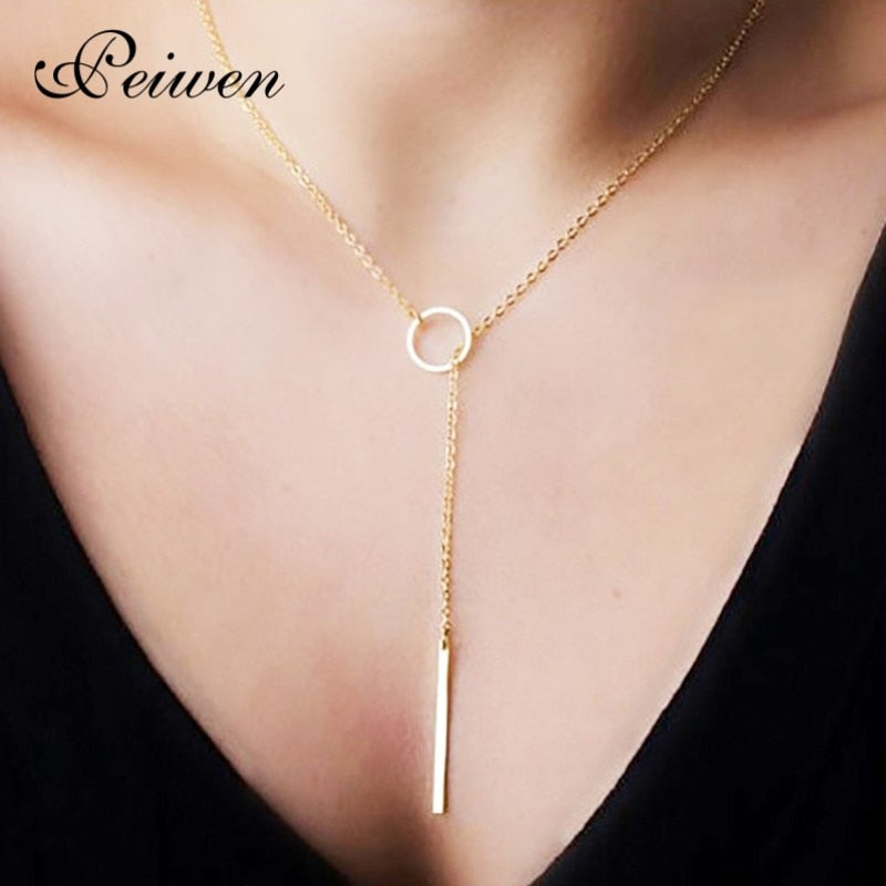 Fashion Vertical ID Bar Pendant Necklace Stainless Steel Y Circle Lariat Style Long Chain Wedding Event Charm Infinity Jewelry