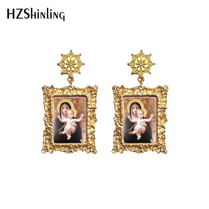 Antique Dangle Earrings Mother of God Virgin Mary Retro Paintings Glass Cabochon Mandala Pendants Jewelry for Women