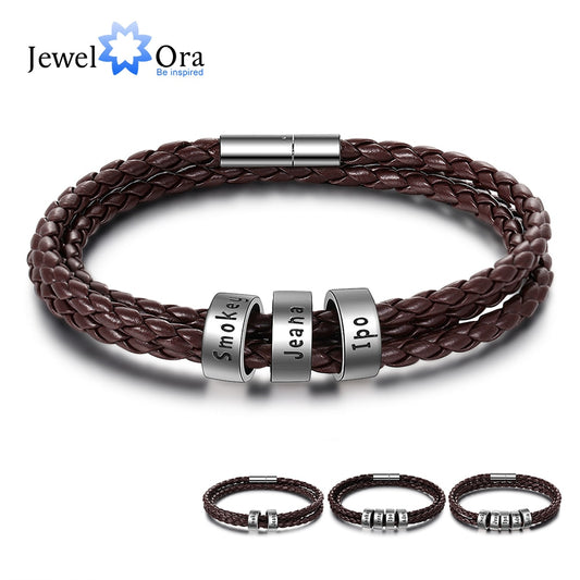 Customized 2-5 Names Beads Bracelets for Men Personalized Brown Braided Rope Leather Bracelet Male Jewelry Gift for Grandfather