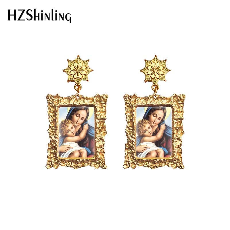 Antique Dangle Earrings Mother of God Virgin Mary Retro Paintings Glass Cabochon Mandala Pendants Jewelry for Women