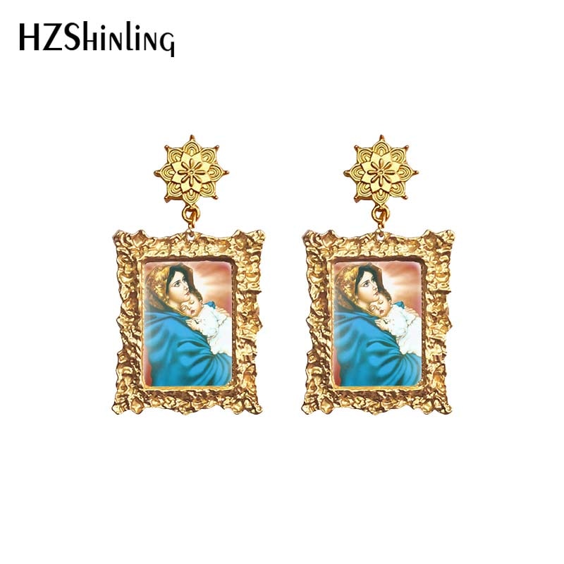 Antique Dangle Earrings Mother of God Virgin Mary Retro Paintings Glass Cabochon Mandala Pendants Jewelry for Women