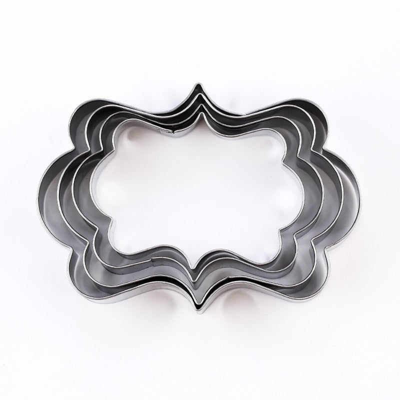 4Pcs/Set Stainless Steel Fondant Mold Cookie Stamper Nameplate Wedding Biscuit Lace Blessing Circle Flower Frame Cake Decoration