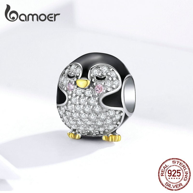 bamoer Authentic 925 Sterling Silver Penguin Baby Round Metal Beads for Women Original Bracelet Enamel Charm for Bangle BSC126