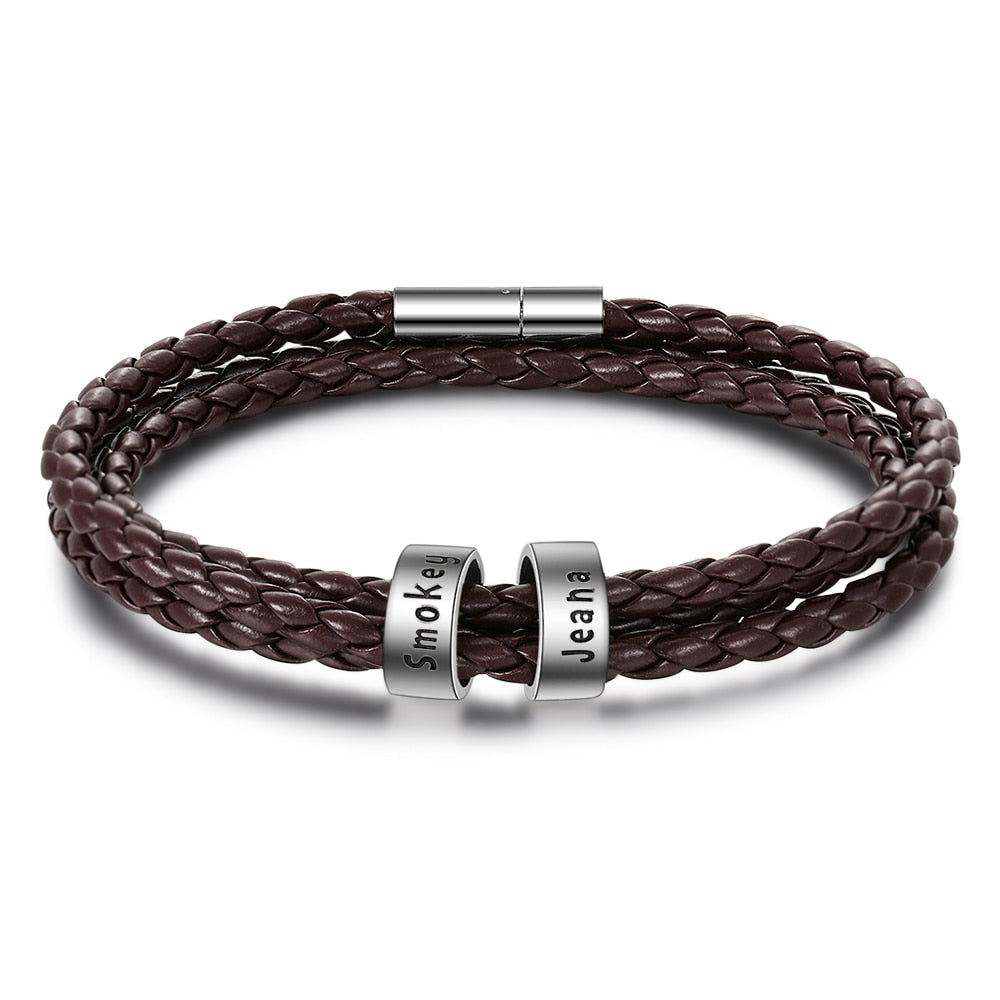 Customized 2-5 Names Beads Bracelets for Men Personalized Brown Braided Rope Leather Bracelet Male Jewelry Gift for Grandfather