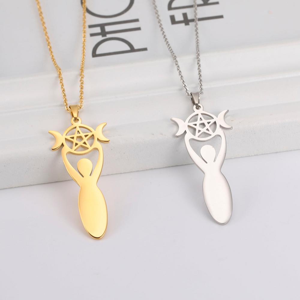 Teamer Stainless Steel Goddess Necklace for Women Men Pentagram Moon Wicca Jewelry Magic Pendant Pentacle Witch Amulet Bijoux