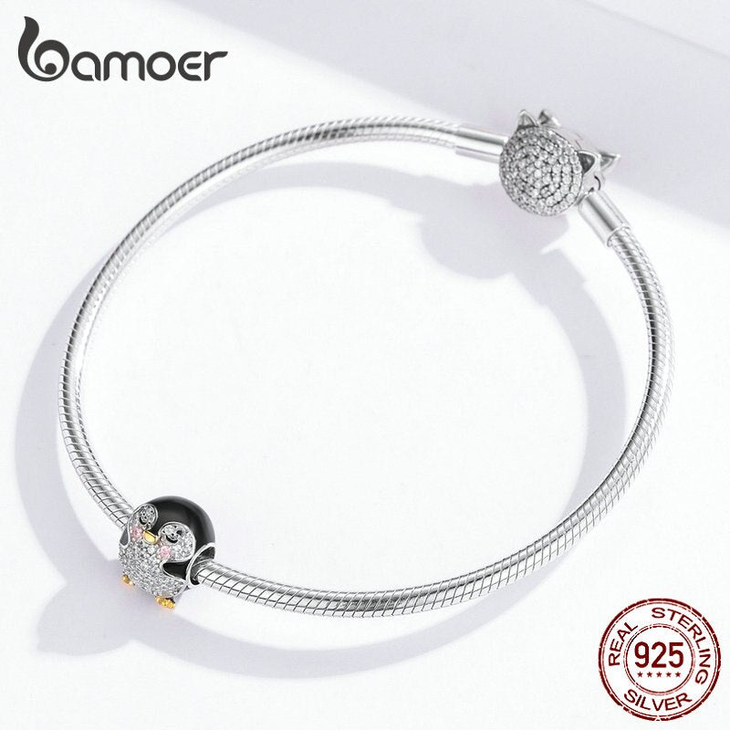 bamoer Authentic 925 Sterling Silver Penguin Baby Round Metal Beads for Women Original Bracelet Enamel Charm for Bangle BSC126