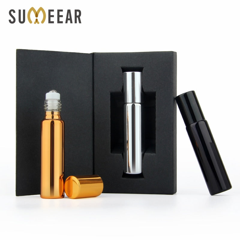 50 Pcs/Lot 10ml Packing Box Essential Oil Bottle Stainless Steel Roller Ball Bottle Perfume Glass Bottle Travel Cosmetic