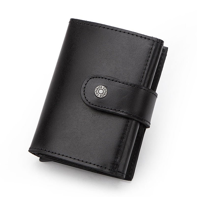 CONTACT&#39;S Crazy Horse Leather Card Holder Wallet Men Automatic Pop Up ID Card Case Male Coin Purse Aluminium Box RFID Blocking