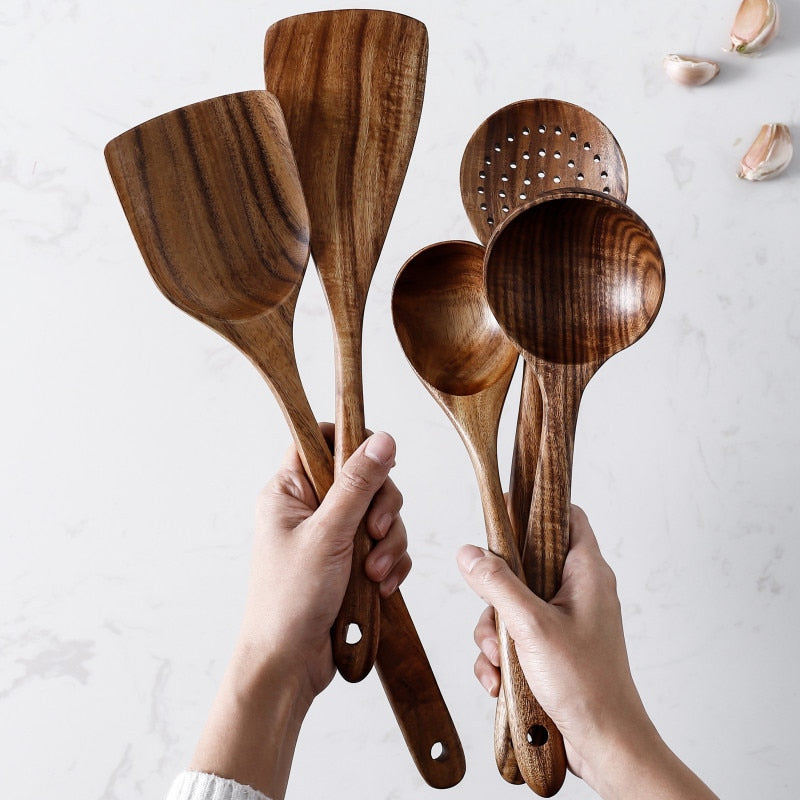 1-7pcs/set  Teak natural wood tableware spoon colander spoon special nano soup skimmer cooking spoon wooden kitchen tool kit