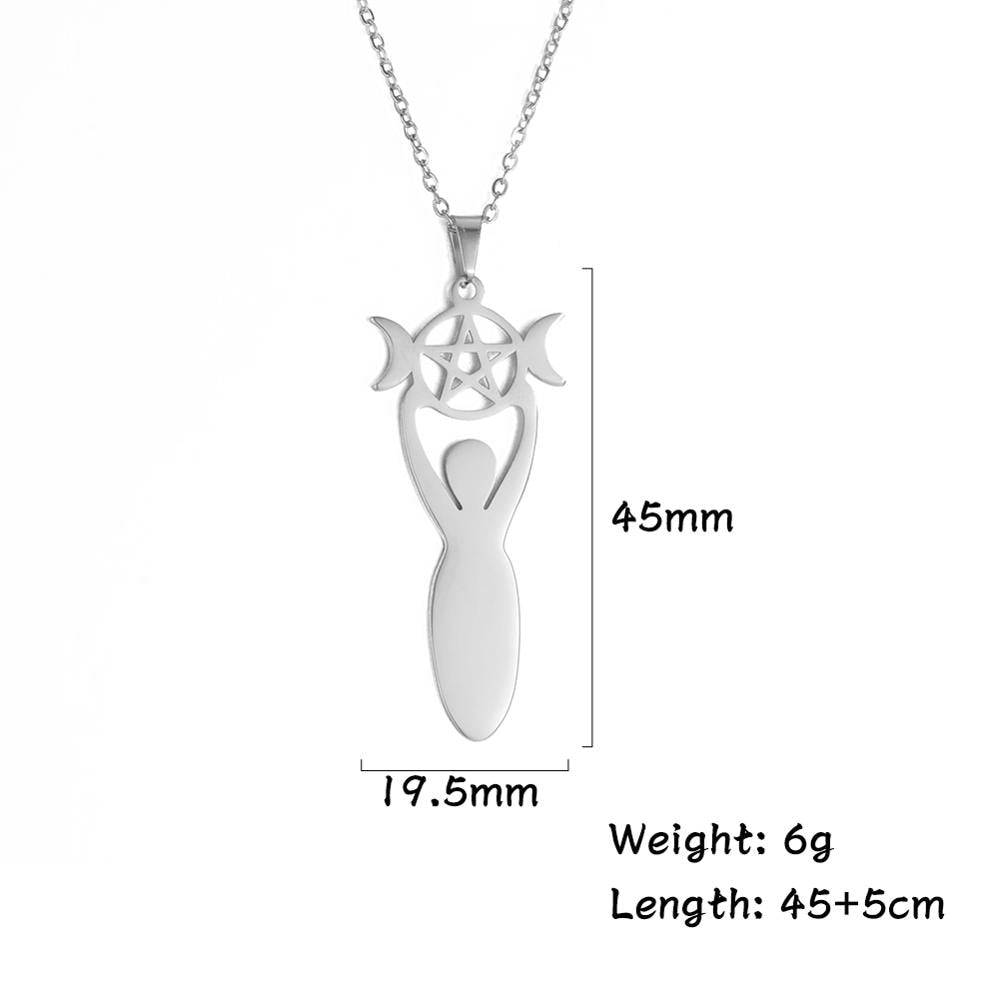 Teamer Stainless Steel Goddess Necklace for Women Men Pentagram Moon Wicca Jewelry Magic Pendant Pentacle Witch Amulet Bijoux