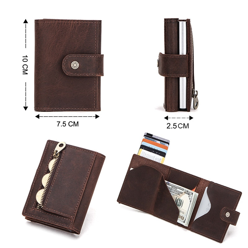 CONTACT&#39;S Crazy Horse Leather Card Holder Wallet Men Automatic Pop Up ID Card Case Male Coin Purse Aluminium Box RFID Blocking