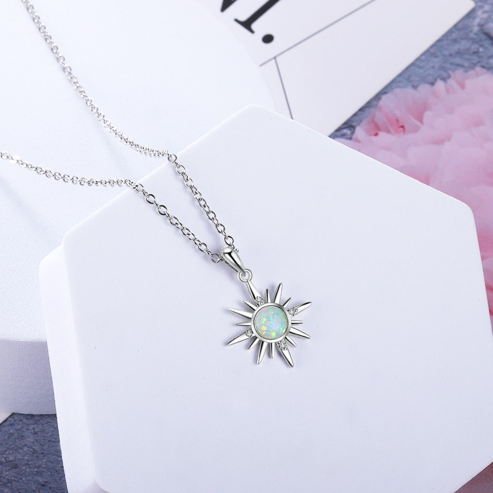 Silver Color Fashion Jewelry Sets with Simulated White Opal Stone Sun Pendant Necklaces &amp; Hoop Earrings 2021 Trend for Women