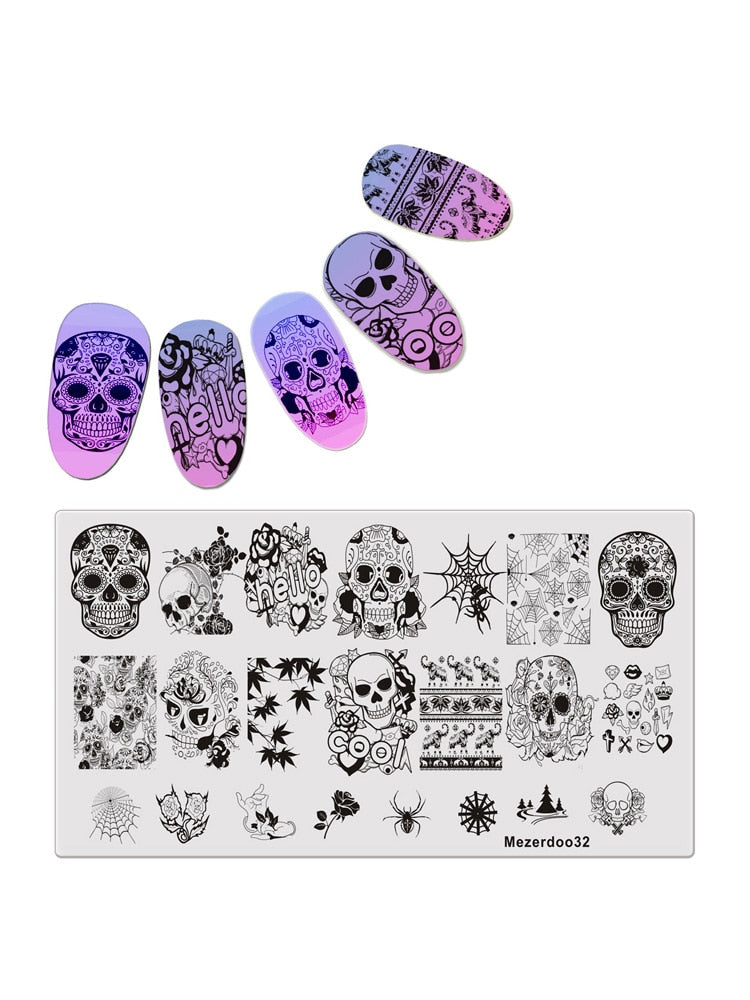 1Pcs Spider Web Nail Stamping Plate Skull Rose Pattern Rectangle Nail Art Stamp Stamping Template Image Plate Stencil Mezerdoo32