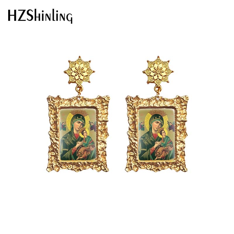 Antique Dangle Earrings Mother of God Virgin Mary Retro Paintings Glass Cabochon Mandala Pendants Jewelry for Women